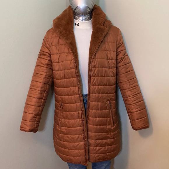 Reversible Hooded Long Coat - Brown - Picture 6 of 15